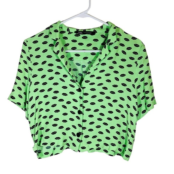 Zara lip-print neon green button-down blouse, size XS - Picture 1 of 3